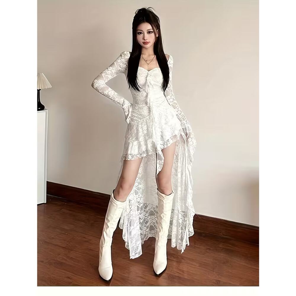 White Gothic Lace High-Low Maxi Dress Sheer Long Sleeve Fairycore Y2K (Size L) - Picture 4 of 5